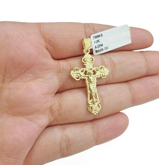 Real 10k Gold Jesus Cross Charm Pendant 10KT Yellow Gold For Chain & Necklace