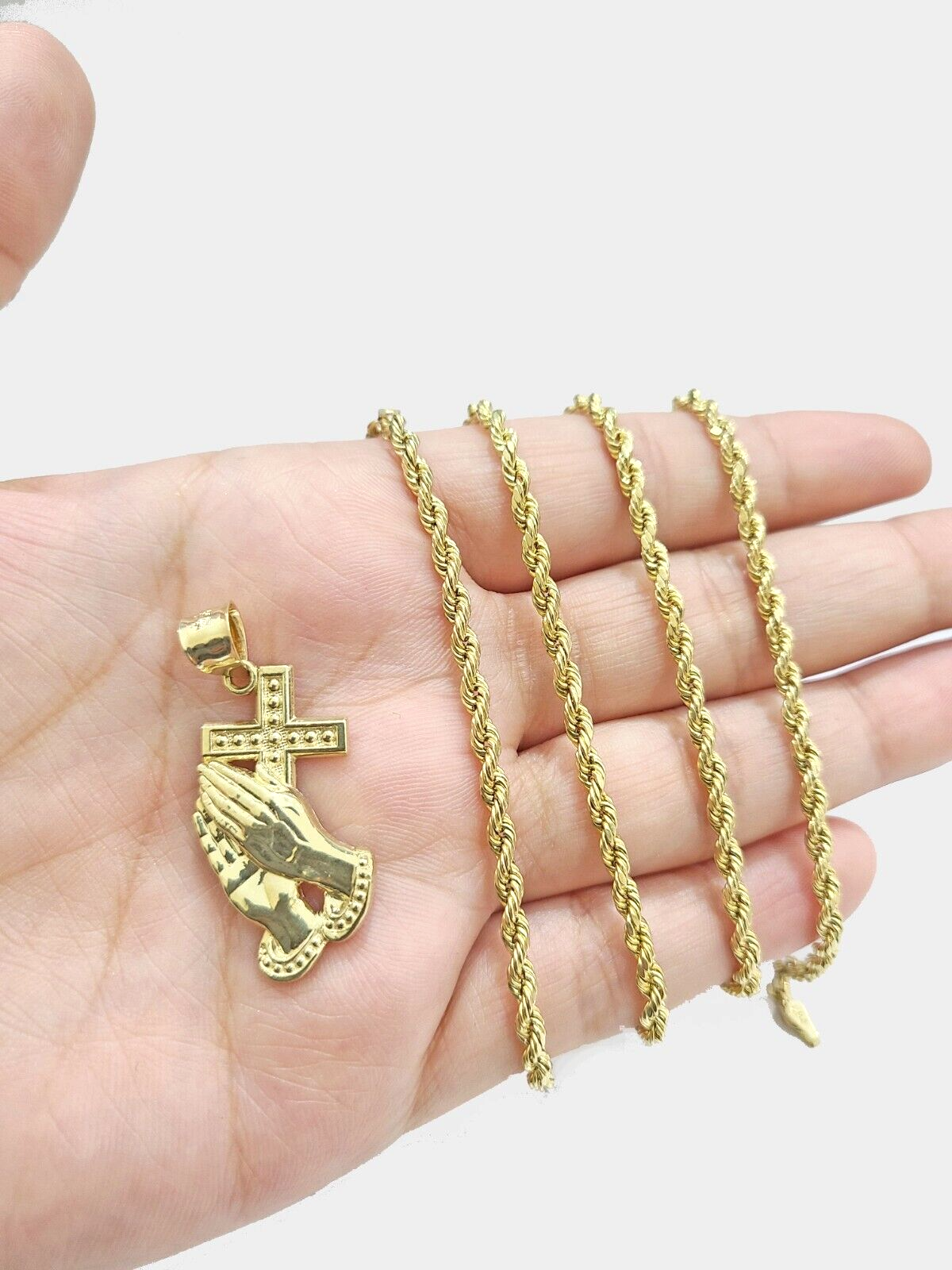 Real 10k Yellow Gold Rope Chain 20'' Necklace Praying Hand Cross Charm Pendant