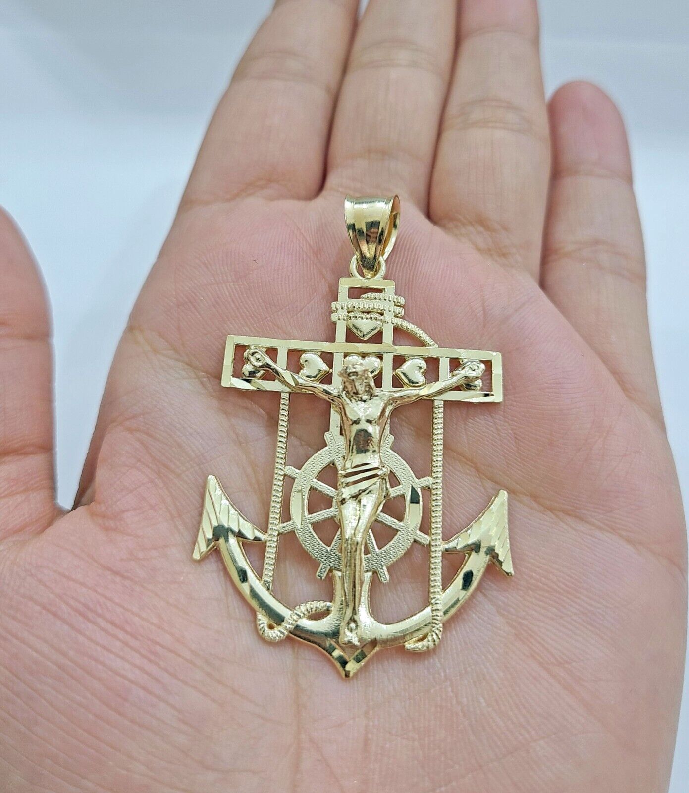 Real 10k Gold Anchor Jesus Crucifix Charm Pendant 10kt Yellow Gold Men Women