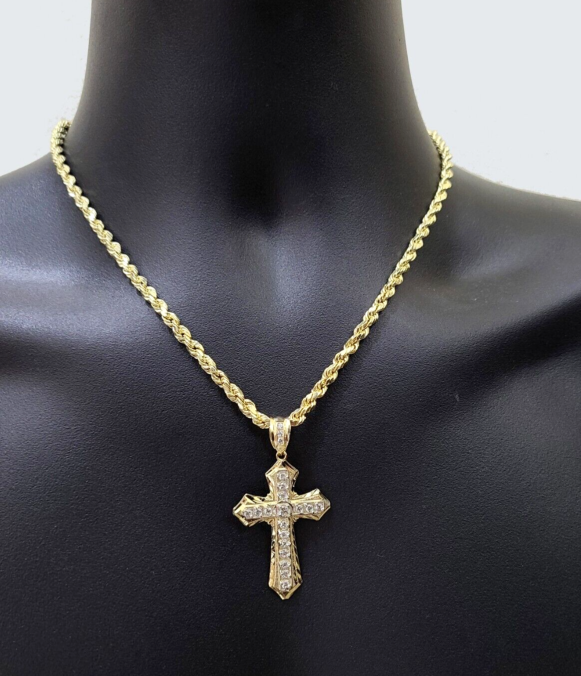 Real 10k Yellow Gold Cross Charm Rope Chain Necklace 4mm 22'' Pendant 10kt Jesus