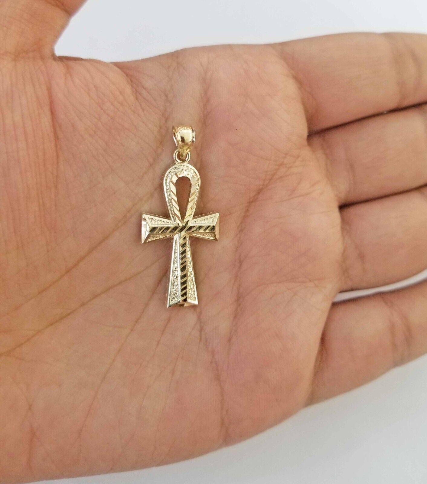 Real 10k Gold Ankh Charm Pendant 10kt Yellow Gold Diamond Cut Cross For Chain