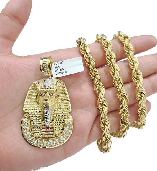 10k Gold Pharaoh Head Charm Rope Chain Necklace 8mm 18'' Set & Pendant 10kt REAL