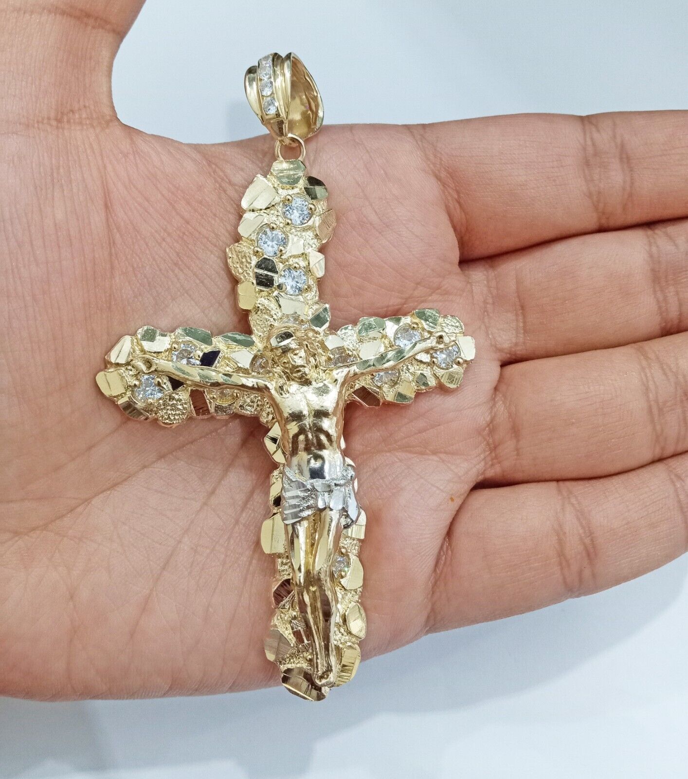 Real 14k Gold Nugget Jesus Crucifix Cross Charm Pendant 14kt Yellow Gold Men