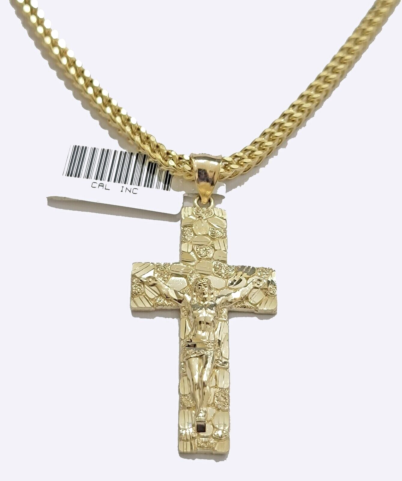 14k Yellow Gold Nugget Jesus Cross Charm Pendant 2'' inches Real 14kt SALE Chain