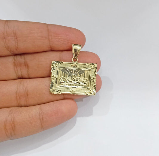 Real 10k Gold Square Pendant Last Supper Charm 10kt Yellow Gold