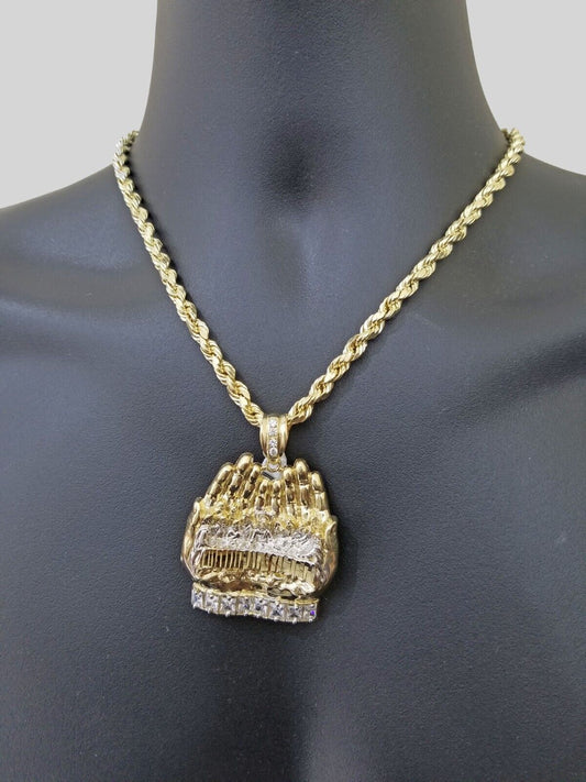 Real 10k Yellow Gold Rope Chain 24"  Necklace  Praying Hand Last Supper Pendant