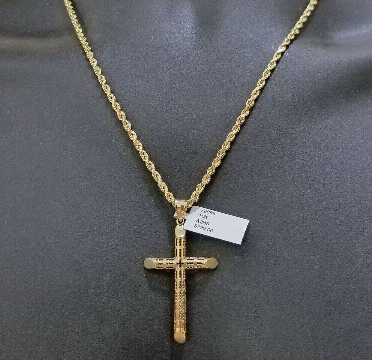 Real 10k Gold Rope Chain Cross Pendant, 3mm Necklace 20" inch With Charm, 10kt