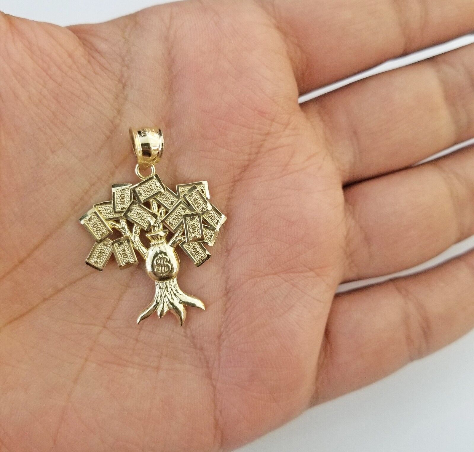 Real 10k Yellow Gold Money Tree Charm Pendant 1.6 Inch 10kt For Chain