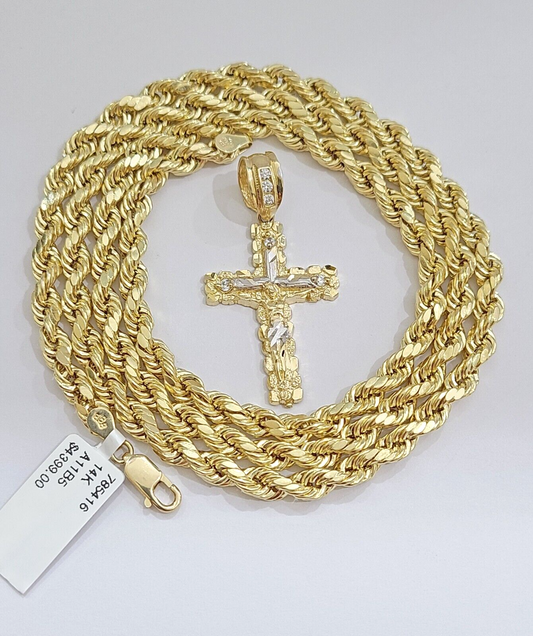 Real 14k Yellow Gold Rope Chain 26'' Necklace Jesus Crucifix Cross Charm Pendant