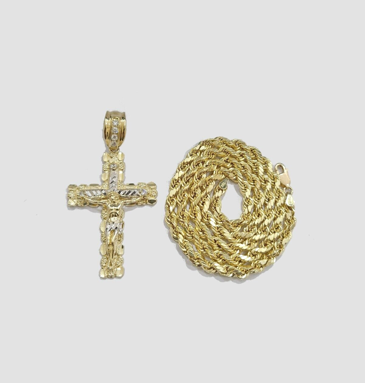 Real 10k Yellow Gold Cross Charm Rope Chain 4mm 18'' Necklace Pendant 10kt Jesus