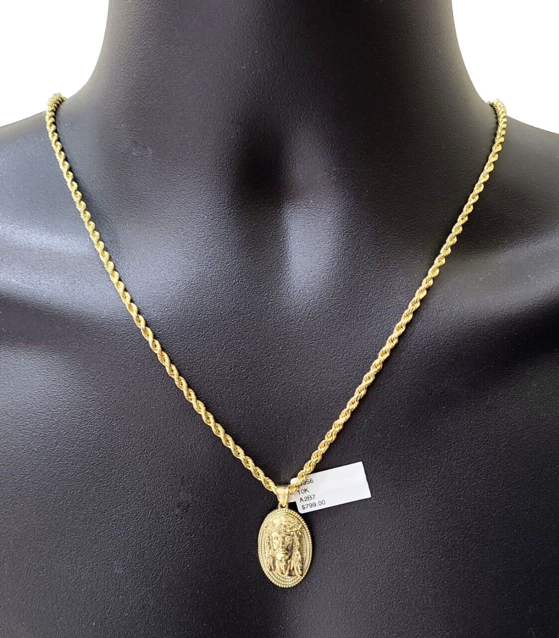 10k Gold Circular Jesus Head Charm Rope Chain Necklace 3mm 24'' Set Pendant 10kt