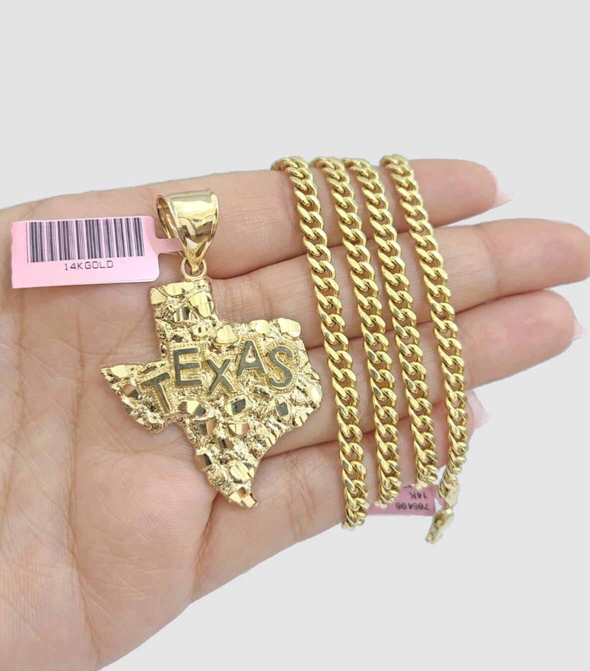 14k Yellow Gold Miami Cuban Chain 26 Inch Necklace Texas Map Charm Pendant Real