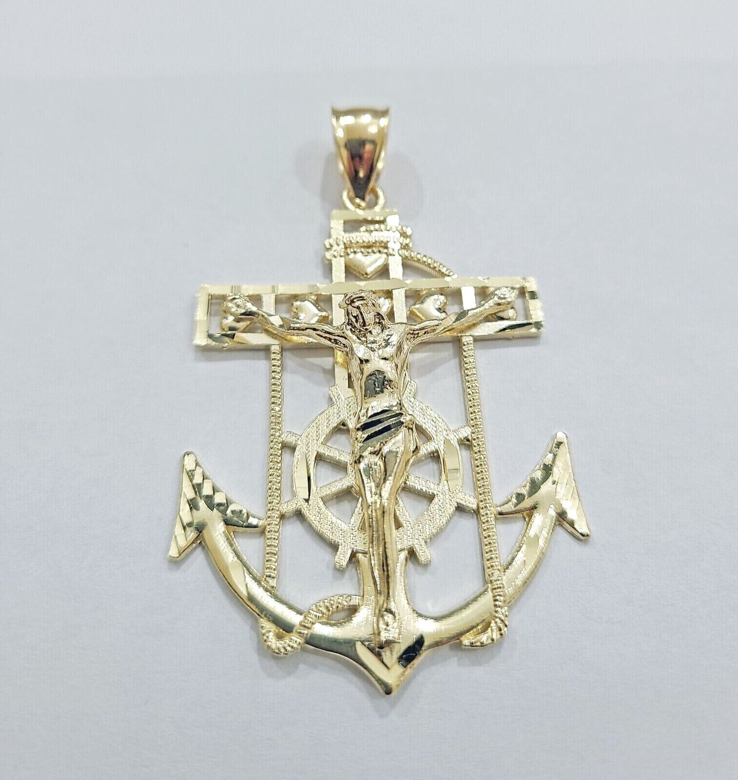 Real 10k Gold Anchor Jesus Crucifix Charm Pendant 10kt Yellow Gold Men Women