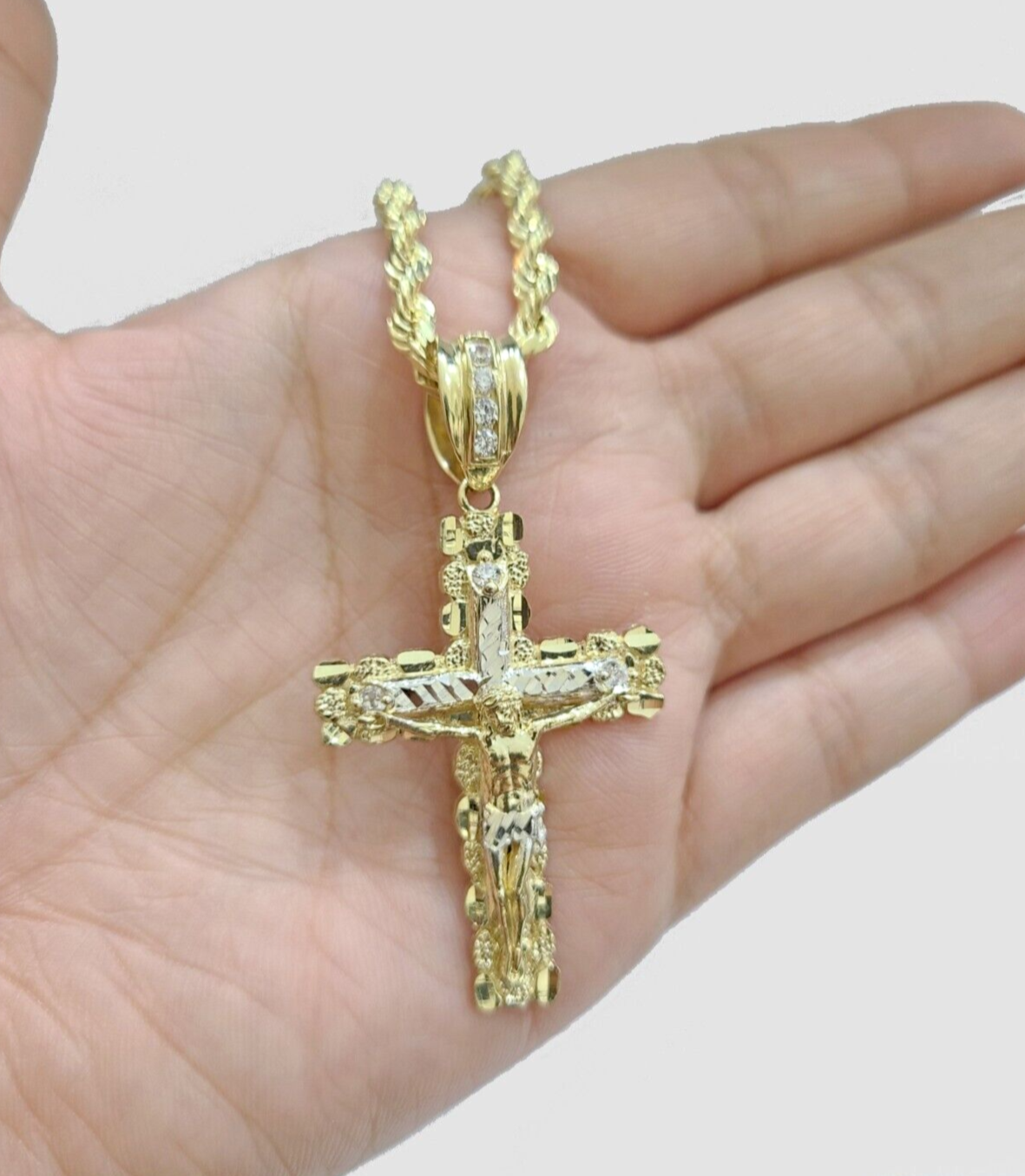 Real 10k Yellow Gold Cross Charm Rope Chain 4mm 30'' Necklace Pendant 10kt Jesus