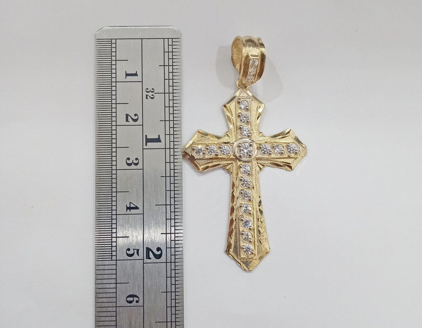 Real 14k Yellow Gold Diamond Cut Cross Charm Pendant 2"