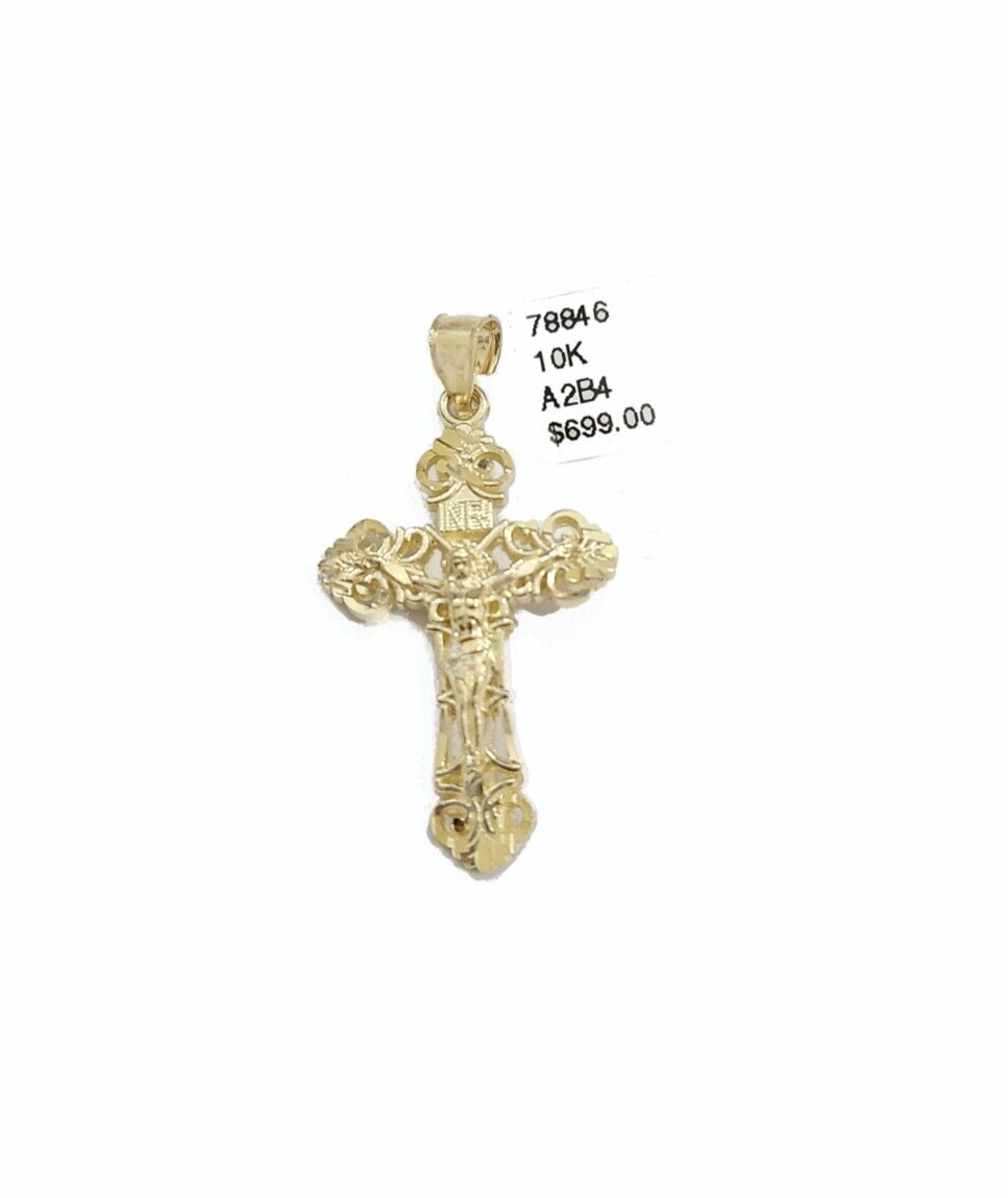 Real 10k Yellow Gold Jesus Cross Charm Rope Chain Necklace 3mm 24'' Pendant 10kt