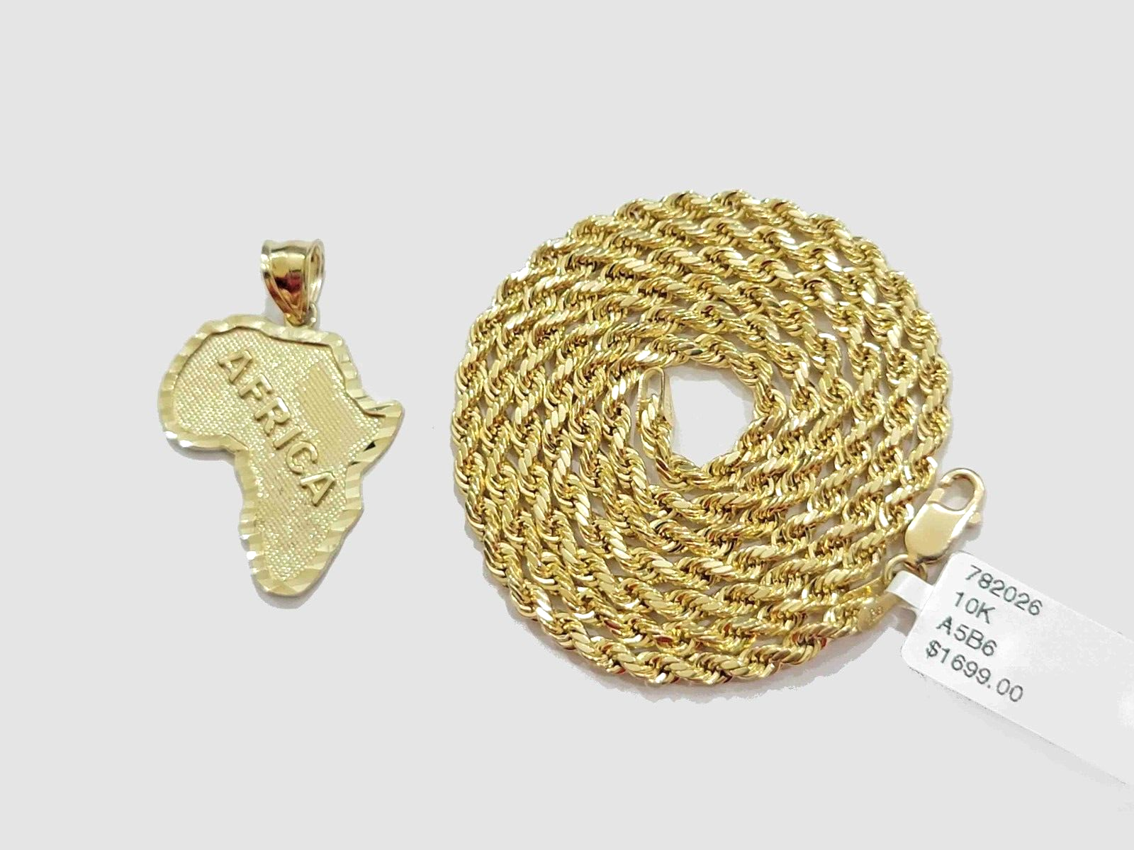 10k Yellow Gold Africa Map Charm Rope Chain Pendant 22 Inch Necklace SALE 10kt
