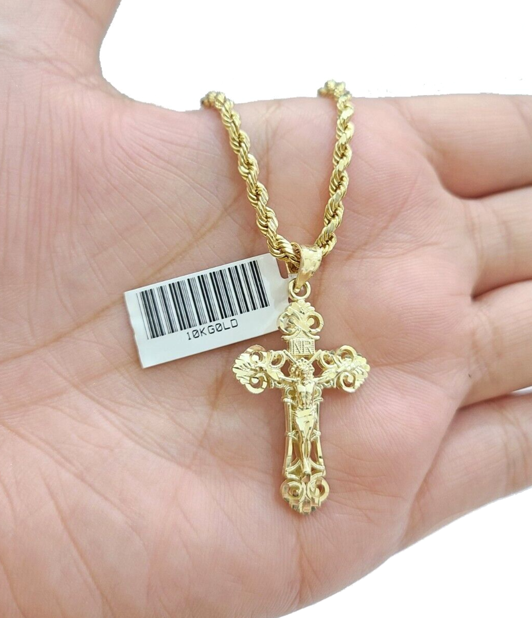 Real 10k Yellow Gold Jesus Cross Charm Rope Chain Necklace 3mm 24'' Pendant 10kt