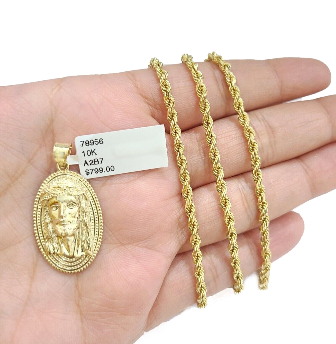 10k Gold Circular Jesus Head Charm Rope Chain Necklace 3mm 20'' Set Pendant 10kt