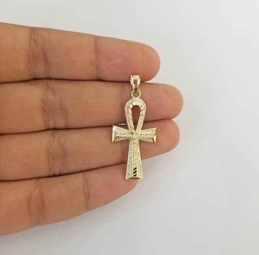 Real 10k Gold Ankh Charm Pendant 10kt Yellow Gold Diamond Cut Cross For Chain