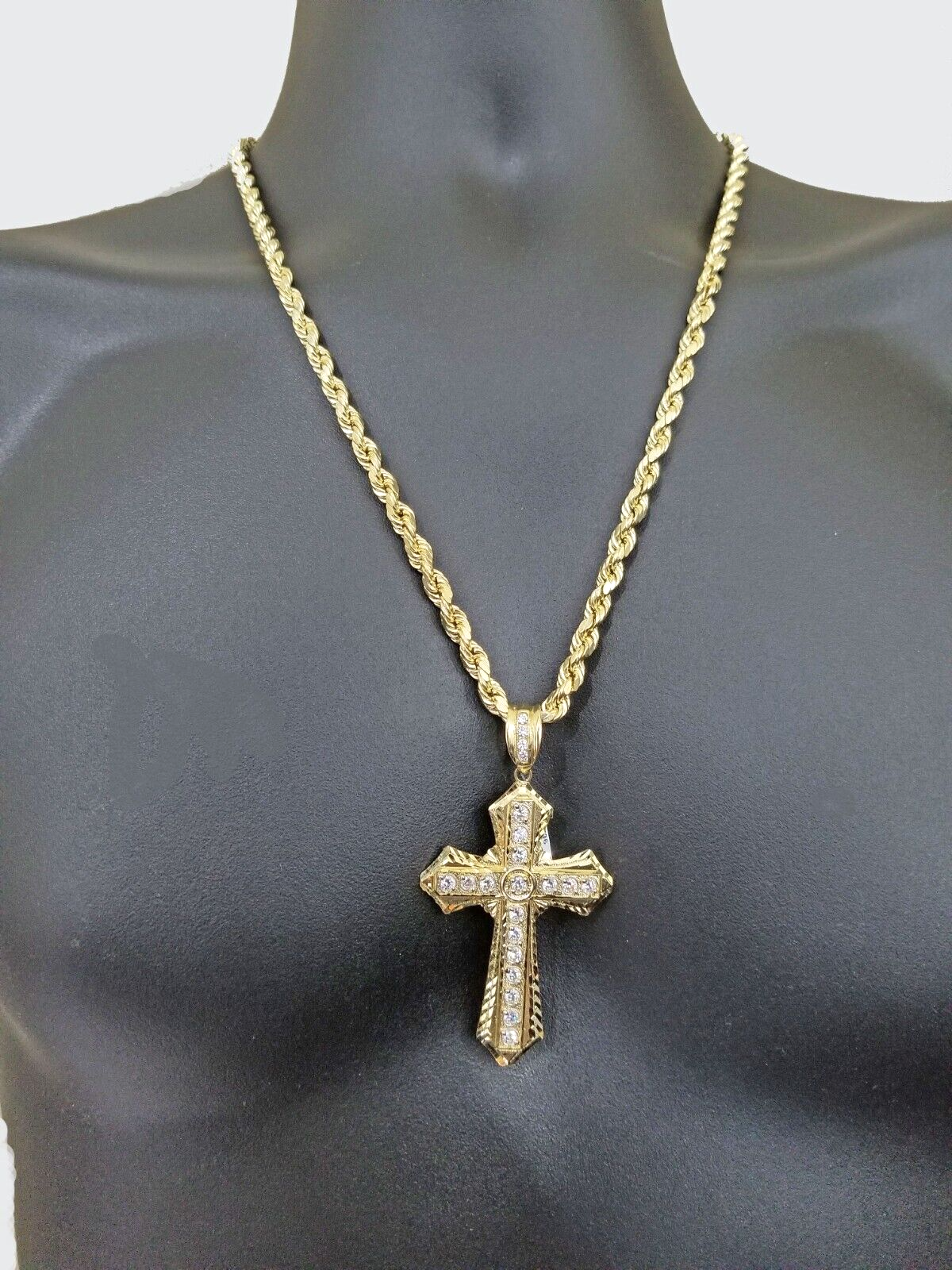 Real 10k Yellow Gold Rope Chain 24" inch Necklace And Cross Pendant 6mm