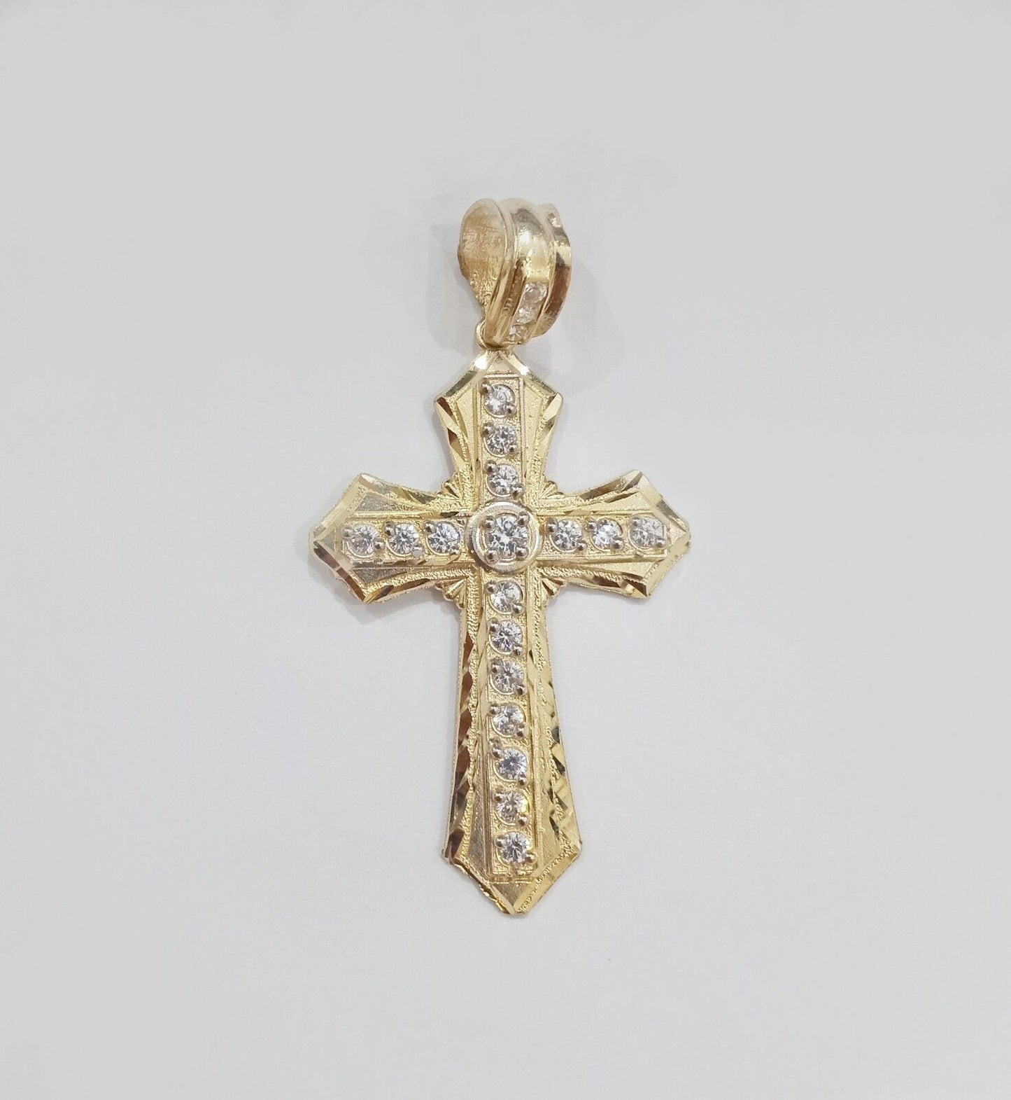 Real 14k Yellow Gold Diamond Cut Cross Charm Pendant 2"