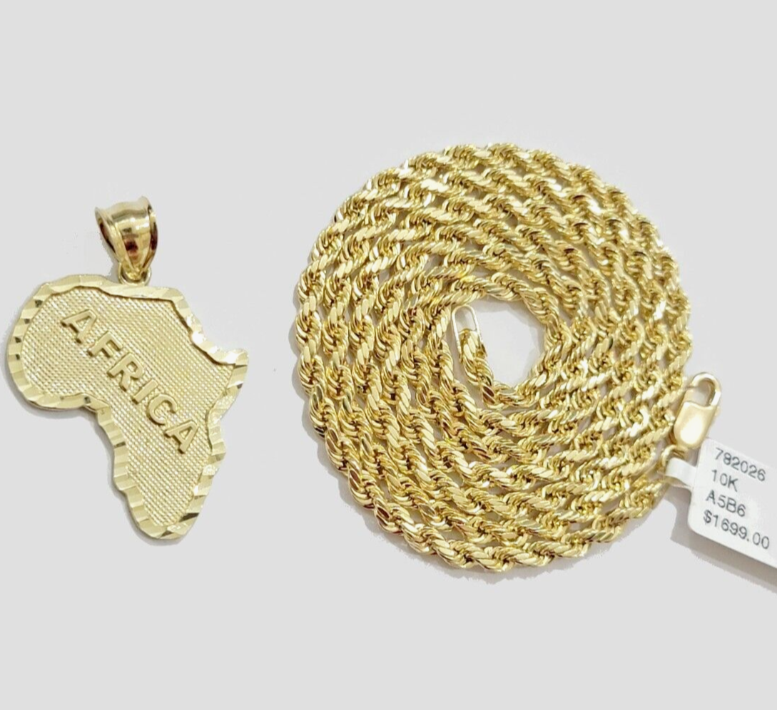 10k Yellow Gold Africa Map Charm Rope Chain 18 Inch Necklace Pendant SET SALE
