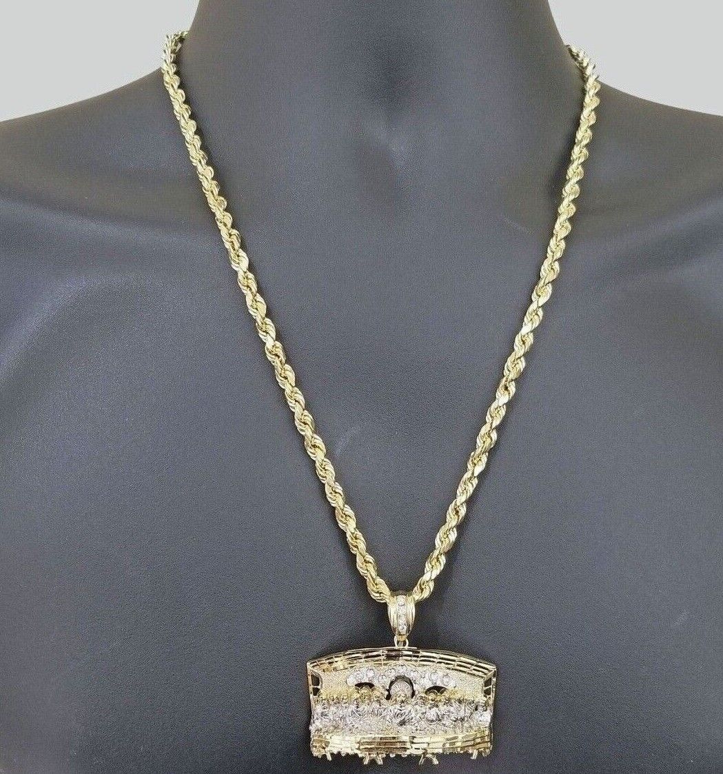 Real 10k Yellow Gold Rope Chain 24" inch Necklace And Charm Last Supper Pendant