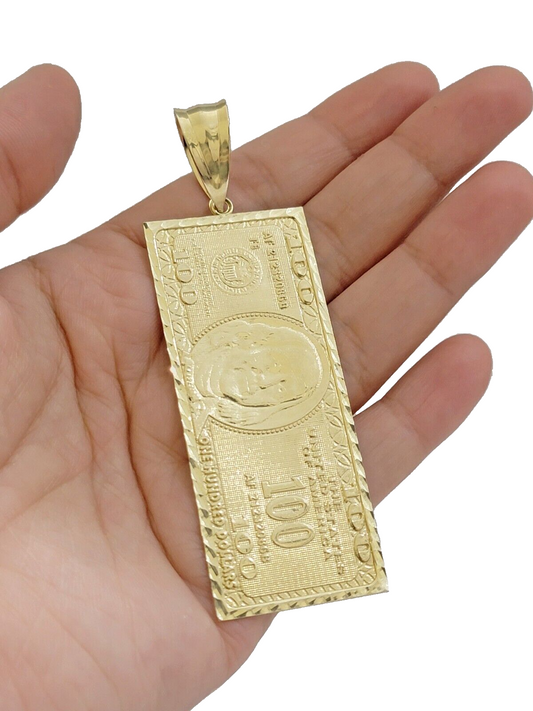 10k Yellow Gold 100 Dollar Bill Charm Pendant 3.5 Inch Necklace Chain SALE Real
