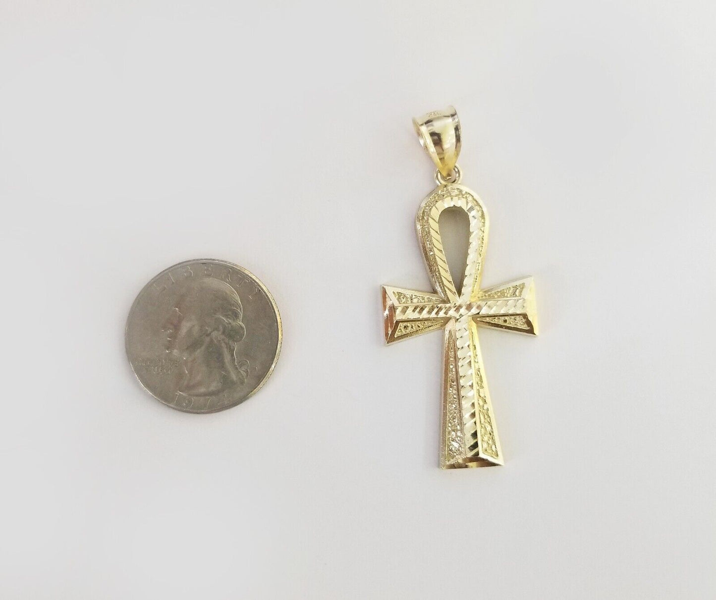 Real 10k Yellow Gold Pendant Ankh Charm Cross Diamond Cut 10kt Gold For Chain