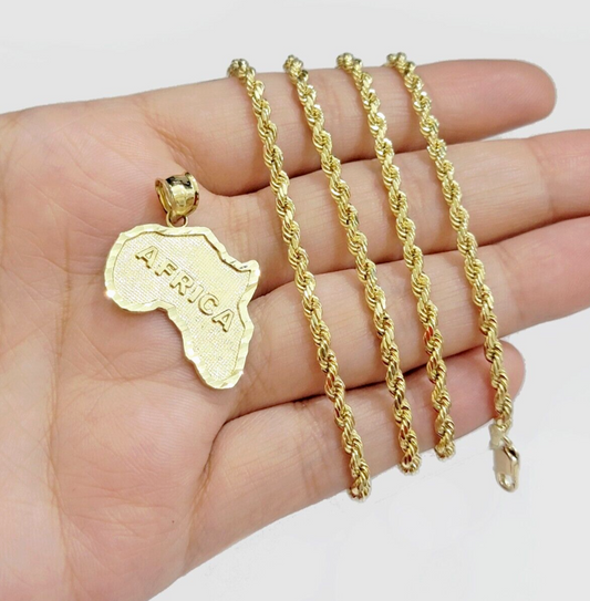 10k Yellow Gold Africa Map Charm Rope Chain 26 Inch Necklace Pendant SET SALE