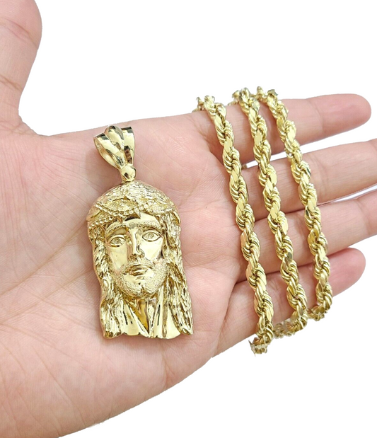 10k Gold Jesus Head Charm Rope Chain Necklace 6mm 20'' Set & Pendant 10kt REAL