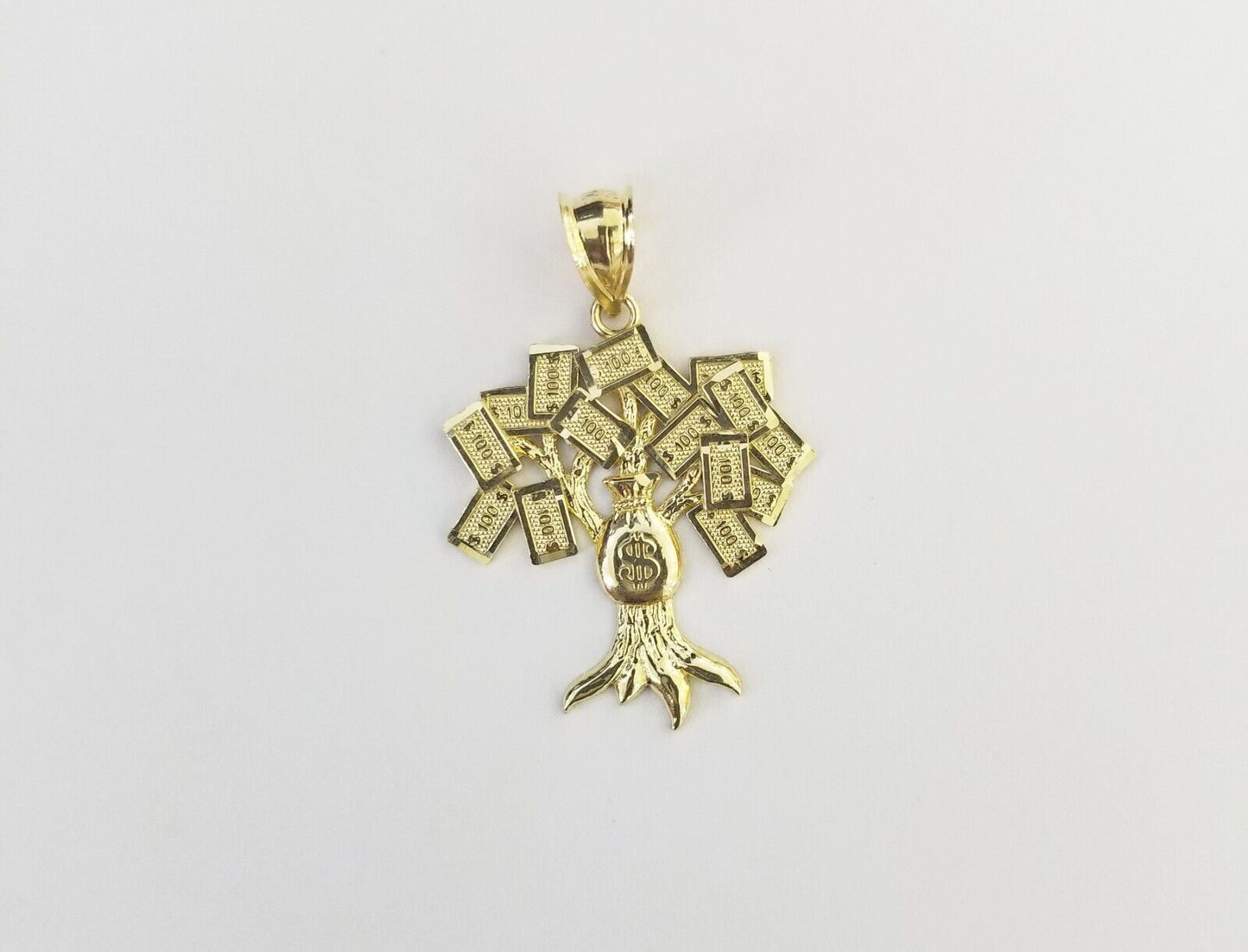 Real 10k Yellow Gold Money Tree Charm Pendant 1.6 Inch 10kt For Chain