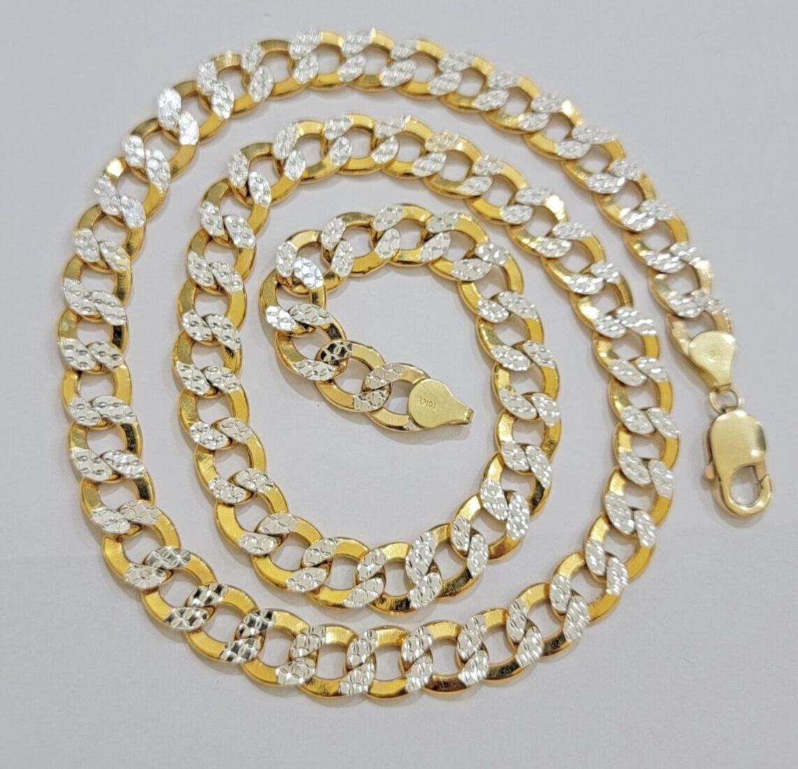 Real 10k Yellow Gold Chain Curb Link Necklace 10mm 22 Inch Diamond Cut Two-tone