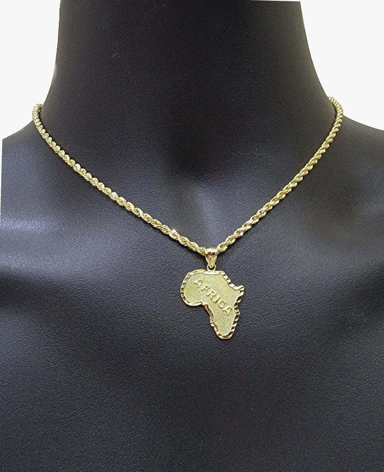 10k Yellow Gold Africa Map Charm Rope Chain 18 Inch Necklace Pendant SET SALE
