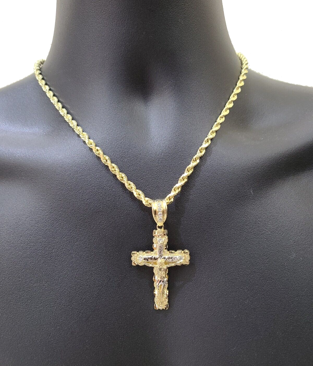 Real 14k Yellow Gold Cross Charm Rope Chain 4mm 22'' Necklace Pendant 14kt Jesus