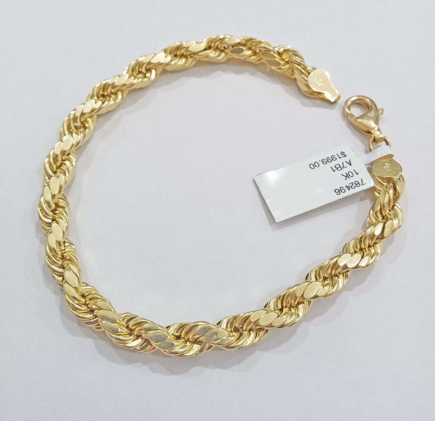 Real 10k Yellow Gold rope Bracelet 6.5mm 8" lobster lock 10kt new for men