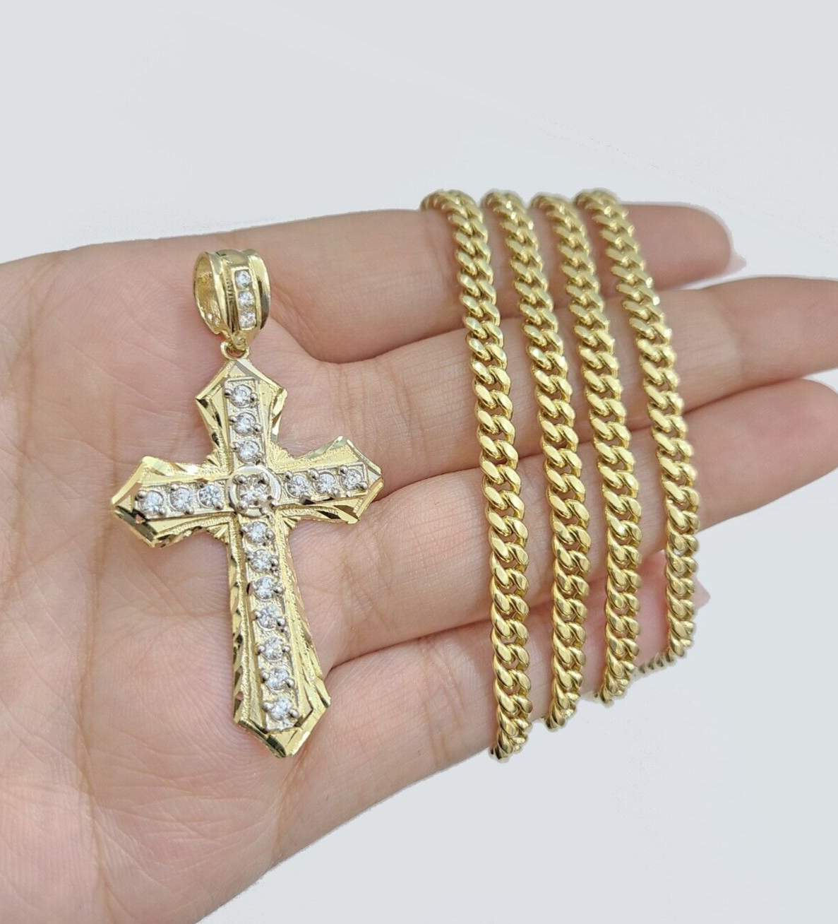 Real 10k Yellow Gold Miami Cuban Chain 5mm 22" inch Necklace Jesus Cross Charm