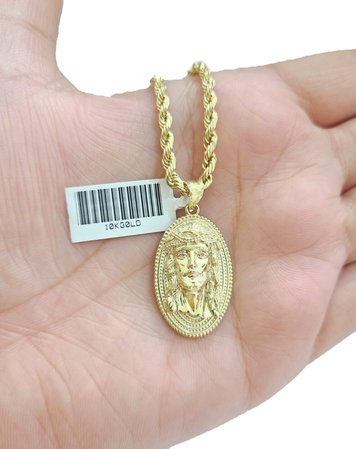 10k Gold Circular Jesus Head Charm Rope Chain Necklace 3mm 28'' Set Pendant 10kt