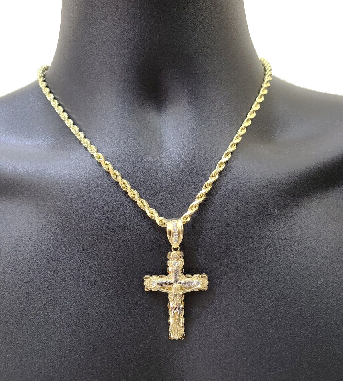 Real 10k Yellow Gold Cross Charm Rope Chain 4mm 30'' Necklace Pendant 10kt Jesus