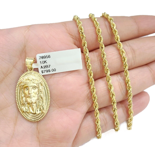 10k Gold Circular Jesus Head Charm Rope Chain Necklace 3mm 26'' Set Pendant 10kt