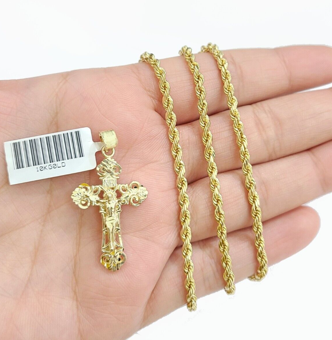 Yellow Jesus Chain Real 10k Yellow Gold Jesus Cross Charm Rope Chain Necklace 3mm 20'' Pe ...