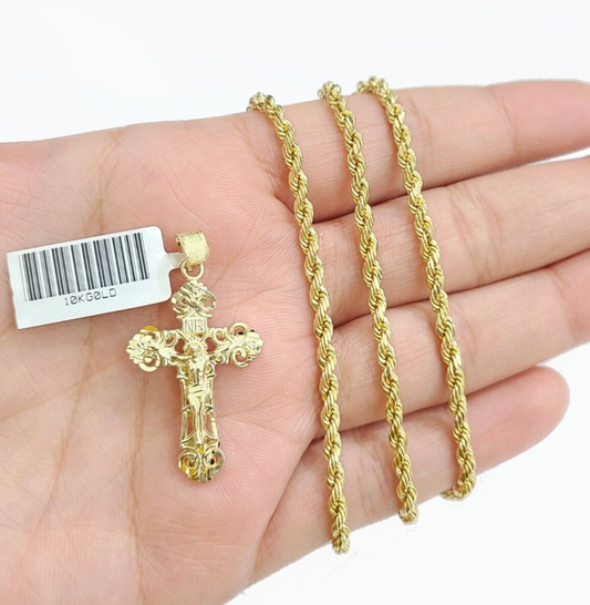 Real 10k Yellow Gold Jesus Cross Charm Rope Chain Necklace 3mm 20'' Pendant 10kt