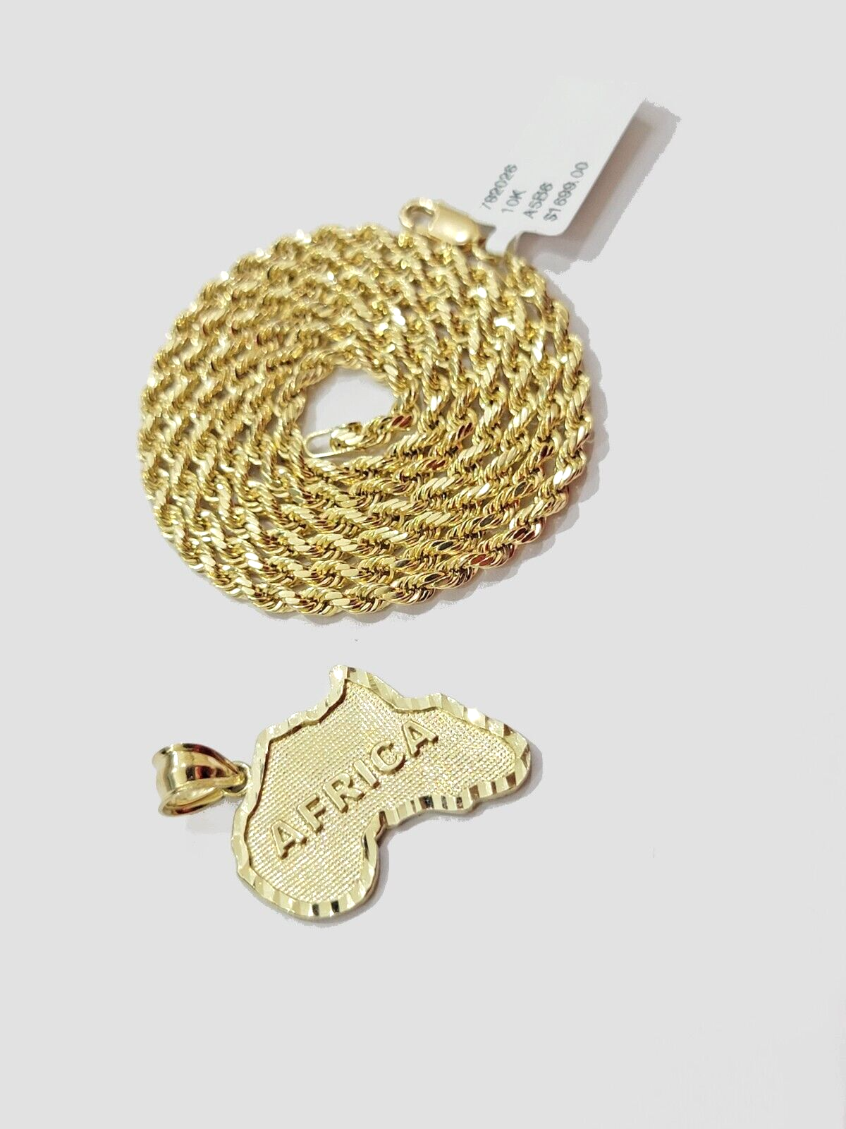 10k Yellow Gold Africa Map Charm Rope Chain 18 Inch Necklace Pendant SET SALE
