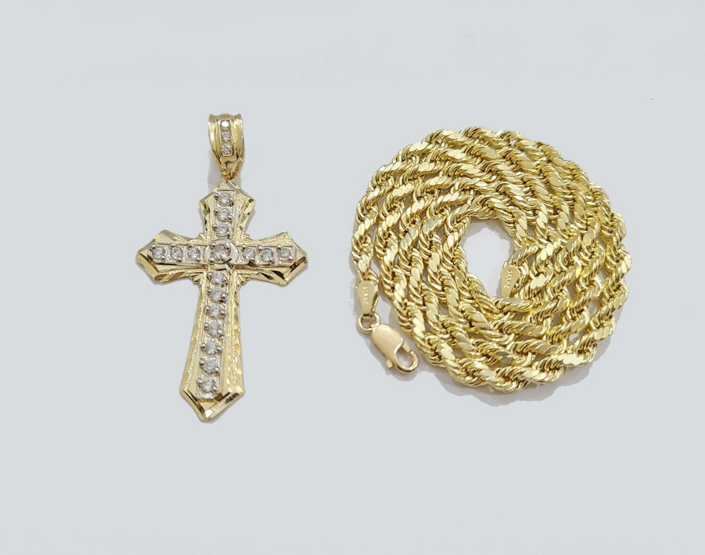 Real 10k Yellow Gold Cross Charm Rope Chain Necklace 4mm 24'' Pendant 10kt Jesus