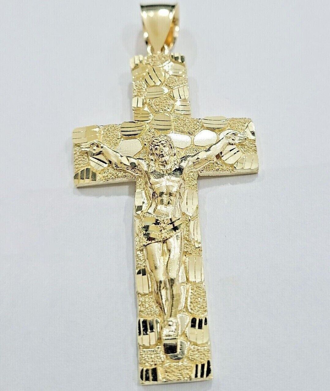 14k Yellow Gold Nugget Jesus Cross Charm Pendant 2'' inches Real 14kt SALE Chain