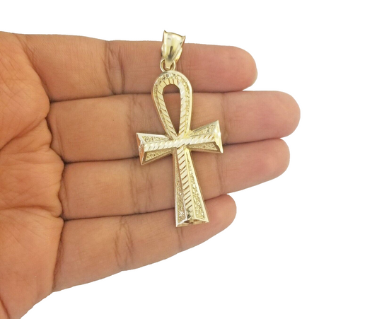 14k Yellow Gold Ankh Cross Charm Pendant 2''Diamond Cut 14kt Necklace Chain SALE