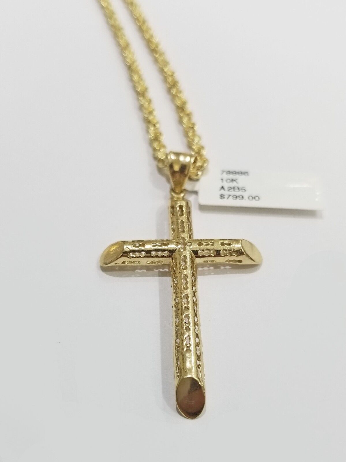 Real 10k Gold Rope Chain Cross Pendant, 3mm Necklace 20" inch With Charm, 10kt