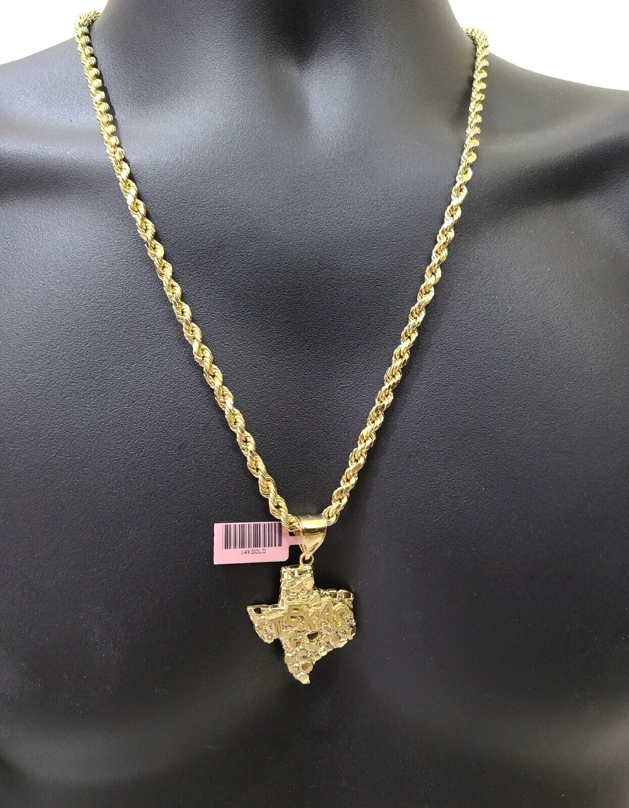 14k Yellow Gold Rope Chain 18'' Inch Necklace Texas Map Charm Pendant Real 14kt