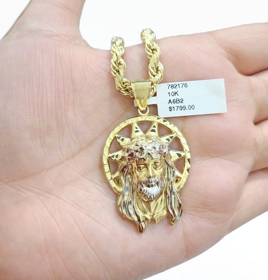 10k Gold Circular Jesus Star Head Charm Rope Chain Necklace 6mm 20'' Set Pendant